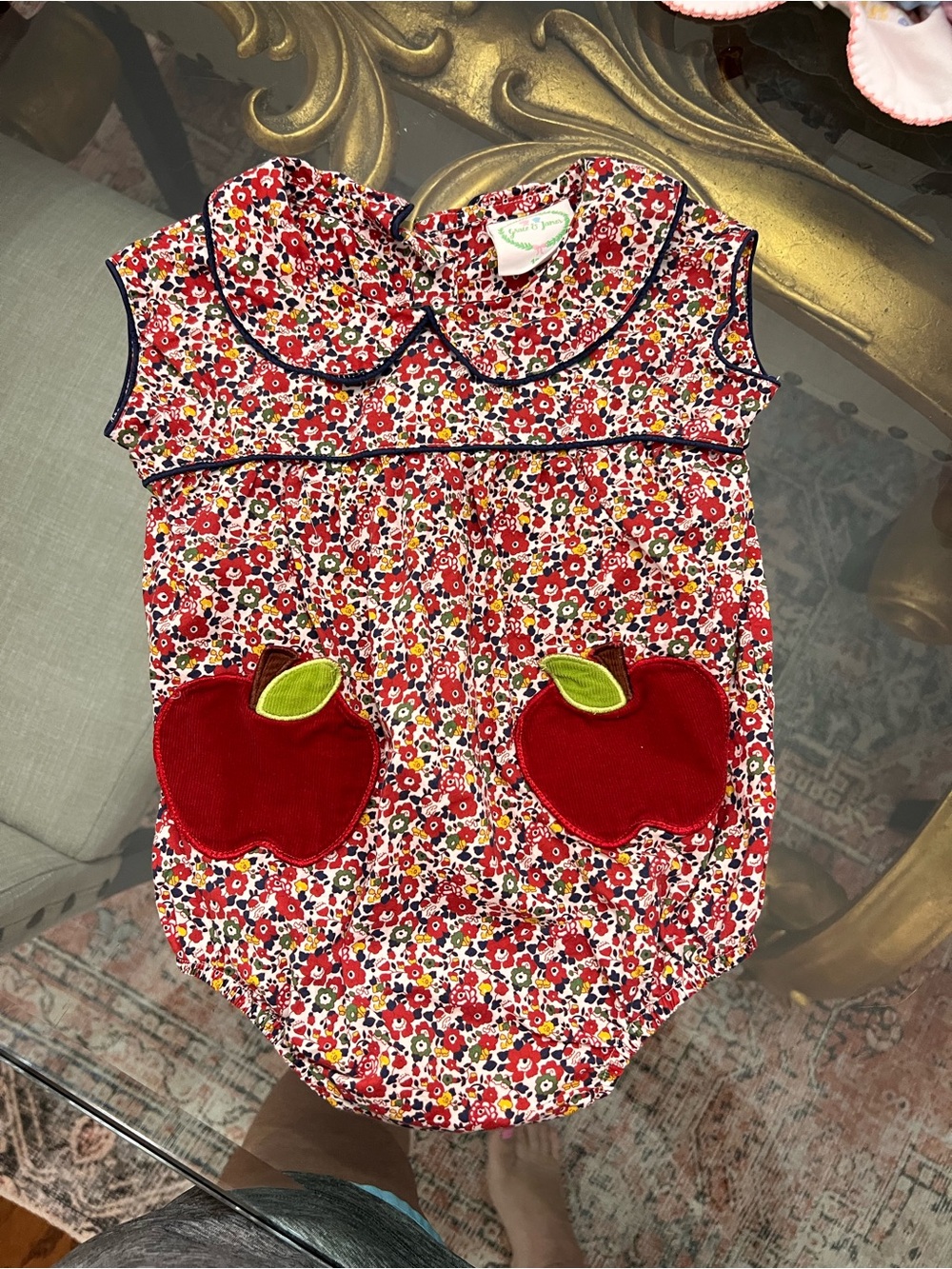 Floral Apple Applique Baby Romper - Red Multi
